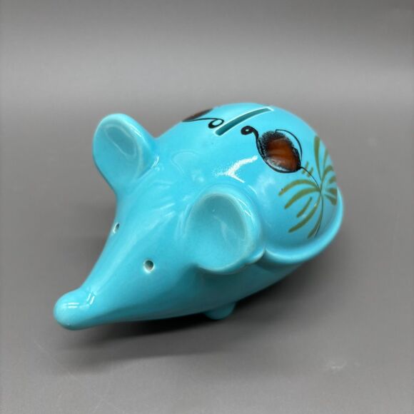 Vintage SICA Italy MCM Ceramic Mouse Coin Bank Turquoise Floral Whimsical - Picture 1 of 8